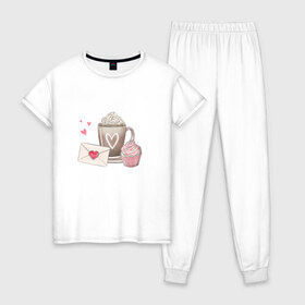 Женская пижама хлопок с принтом И что бы это значило? в Новосибирске, 100% хлопок | брюки и футболка прямого кроя, без карманов, на брюках мягкая резинка на поясе и по низу штанин | еда | записка | капкейк