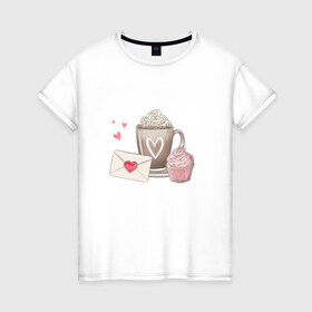 Женская футболка хлопок с принтом И что бы это значило? в Новосибирске, 100% хлопок | прямой крой, круглый вырез горловины, длина до линии бедер, слегка спущенное плечо | еда | записка | капкейк