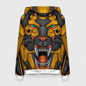 Женская толстовка 3D с принтом Хищный тигр киборг в Новосибирске, 100% полиэстер  | двухслойный капюшон со шнурком для регулировки, мягкие манжеты на рукавах и по низу толстовки, спереди карман-кенгуру с мягким внутренним слоем. | art | cyber | head | lion | mechanical | tiger | арт | кибер | лев | механический | монстр | робот | тигр