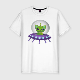 Мужская футболка хлопок Slim с принтом Инопланетный кот в Новосибирске, 92% хлопок, 8% лайкра | приталенный силуэт, круглый вырез ворота, длина до линии бедра, короткий рукав | neon | space | вселенная | звезды | зеленые человечки | инопланетяне | космос | кот | неон | нло | огни | тарелка