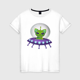 Женская футболка хлопок с принтом Инопланетный кот в Новосибирске, 100% хлопок | прямой крой, круглый вырез горловины, длина до линии бедер, слегка спущенное плечо | neon | space | вселенная | звезды | зеленые человечки | инопланетяне | космос | кот | неон | нло | огни | тарелка