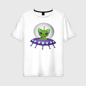 Женская футболка хлопок Oversize с принтом Инопланетный кот в Новосибирске, 100% хлопок | свободный крой, круглый ворот, спущенный рукав, длина до линии бедер
 | neon | space | вселенная | звезды | зеленые человечки | инопланетяне | космос | кот | неон | нло | огни | тарелка