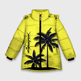 Зимняя куртка для девочек 3D с принтом Cyberpunk 2077 - Пальмы в Новосибирске, ткань верха — 100% полиэстер; подклад — 100% полиэстер, утеплитель — 100% полиэстер. | длина ниже бедра, удлиненная спинка, воротник стойка и отстегивающийся капюшон. Есть боковые карманы с листочкой на кнопках, утяжки по низу изделия и внутренний карман на молнии. 

Предусмотрены светоотражающий принт на спинке, радужный светоотражающий элемент на пуллере молнии и на резинке для утяжки. | cyberpunk 2077 | город | желтый | игра | кибер | киберпанк | летний | логотип | пальмы | подарок | силуэт