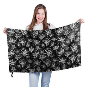 Флаг 3D с принтом Паутина готичная в Новосибирске, 100% полиэстер | плотность ткани — 95 г/м2, размер — 67 х 109 см. Принт наносится с одной стороны | готика | готичный | мрачный | паук | паутина | рок | узор | хэллоуин | черно белый | черный