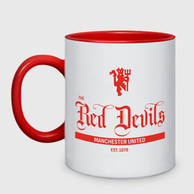 Кружка двухцветная с принтом MU Red Devils в Новосибирске, керамика | объем — 330 мл, диаметр — 80 мм. Цветная ручка и кайма сверху, в некоторых цветах — вся внутренняя часть | Тематика изображения на принте: devils | fc | manchester | mu | red | united | англия | дьяволы | красные | манчестер | мю | юнайтед