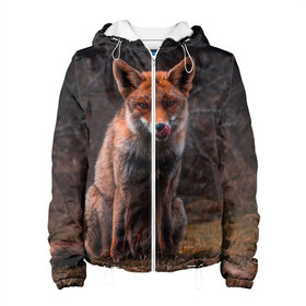 Женская куртка 3D с принтом Хищная лисица в Новосибирске, ткань верха — 100% полиэстер, подклад — флис | прямой крой, подол и капюшон оформлены резинкой с фиксаторами, два кармана без застежек по бокам, один большой потайной карман на груди. Карман на груди застегивается на липучку | fox | foxy | животное | звери | лиса | лисенок | лисичка | милая | рыжая | фокс
