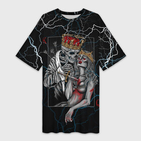 Платье-футболка 3D с принтом The Skull King and Queen в Новосибирске,  |  | art | gold skull | queen | skull king | the skull king and queen | арт | буби | дама | золотой череп | игральные карты | игроку | карты | кинжал | король | король и дама | король и королева | крести | любовь | он и она | пики | покер