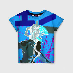 Детская футболка 3D с принтом Человек-Бензопила на голубом фоне в Новосибирске, 100% гипоаллергенный полиэфир | прямой крой, круглый вырез горловины, длина до линии бедер, чуть спущенное плечо, ткань немного тянется | anime | chainsaw man | denji | makima | manga | power | аниме | бим | денджи | дьявол бесконечности | кишибэ | летучая мышь | манга | пауэр | хаякава аки | химено | человек бензопила