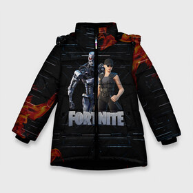 Зимняя куртка для девочек 3D с принтом Fortnite - Terminator в Новосибирске, ткань верха — 100% полиэстер; подклад — 100% полиэстер, утеплитель — 100% полиэстер. | длина ниже бедра, удлиненная спинка, воротник стойка и отстегивающийся капюшон. Есть боковые карманы с листочкой на кнопках, утяжки по низу изделия и внутренний карман на молнии. 

Предусмотрены светоотражающий принт на спинке, радужный светоотражающий элемент на пуллере молнии и на резинке для утяжки. | chapter 2 | fortnite | fortnite 3 | fortnite terminator | sarah connor and terminator 800 | t 800 | t 800 fortnite | сара коннор | скин t 800 | скин терминатора | терминатор | терминатор т 800 | фортнайт | фортнайт глава 2 | фортнайт тер