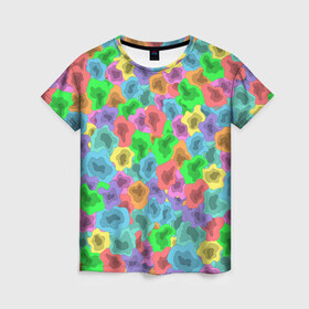 Женская футболка 3D с принтом NEON ABSTRACTION в Новосибирске, 100% полиэфир ( синтетическое хлопкоподобное полотно) | прямой крой, круглый вырез горловины, длина до линии бедер | 2021 | acid | multicolor | абстракция | кислотный | летний | модный | неоновый | разноцветный | тренд | яркий