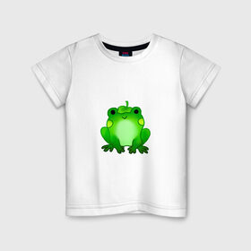 Детская футболка хлопок с принтом Жаба с листиком в Новосибирске, 100% хлопок | круглый вырез горловины, полуприлегающий силуэт, длина до линии бедер | Тематика изображения на принте: жаба | зеленая | лягуха | лягушка | милая | с листочком