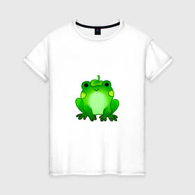 Женская футболка хлопок с принтом Жаба с листиком в Новосибирске, 100% хлопок | прямой крой, круглый вырез горловины, длина до линии бедер, слегка спущенное плечо | жаба | зеленая | лягуха | лягушка | милая | с листочком