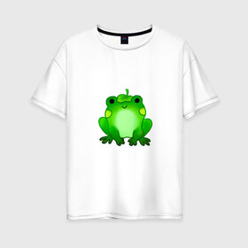 Женская футболка хлопок Oversize с принтом Жаба с листиком в Новосибирске, 100% хлопок | свободный крой, круглый ворот, спущенный рукав, длина до линии бедер
 | жаба | зеленая | лягуха | лягушка | милая | с листочком
