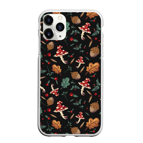 Чехол для iPhone 11 Pro матовый с принтом Лесной принт с мухоморами в Новосибирске, Силикон |  | Тематика изображения на принте: грибы | желуди | лесной | листья | мухоморы | узор | черный
