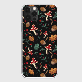 Чехол для iPhone 12 Pro Max с принтом Лесной принт с мухоморами в Новосибирске, Силикон |  | грибы | желуди | лесной | листья | мухоморы | узор | черный