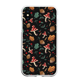 Чехол для iPhone XS Max матовый с принтом Лесной принт с мухоморами в Новосибирске, Силикон | Область печати: задняя сторона чехла, без боковых панелей | Тематика изображения на принте: грибы | желуди | лесной | листья | мухоморы | узор | черный
