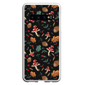 Чехол для Samsung Galaxy S10 с принтом Лесной принт с мухоморами в Новосибирске, Силикон | Область печати: задняя сторона чехла, без боковых панелей | Тематика изображения на принте: грибы | желуди | лесной | листья | мухоморы | узор | черный