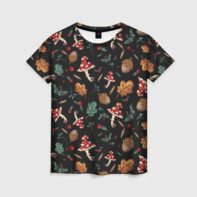 Женская футболка 3D с принтом Лесной принт с мухоморами в Новосибирске, 100% полиэфир ( синтетическое хлопкоподобное полотно) | прямой крой, круглый вырез горловины, длина до линии бедер | Тематика изображения на принте: грибы | желуди | лесной | листья | мухоморы | узор | черный