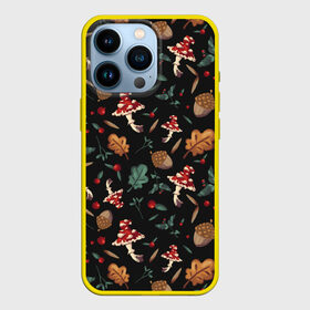 Чехол для iPhone 13 Pro с принтом Лесной принт с мухоморами в Новосибирске,  |  | Тематика изображения на принте: грибы | желуди | лесной | листья | мухоморы | узор | черный