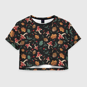 Женская футболка Crop-top 3D с принтом Лесной принт с мухоморами в Новосибирске, 100% полиэстер | круглая горловина, длина футболки до линии талии, рукава с отворотами | грибы | желуди | лесной | листья | мухоморы | узор | черный