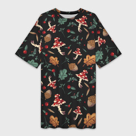 Платье-футболка 3D с принтом Лесной принт с мухоморами в Новосибирске,  |  | Тематика изображения на принте: грибы | желуди | лесной | листья | мухоморы | узор | черный
