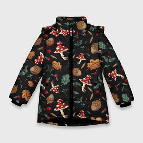Зимняя куртка для девочек 3D с принтом Лесной принт с мухоморами в Новосибирске, ткань верха — 100% полиэстер; подклад — 100% полиэстер, утеплитель — 100% полиэстер. | длина ниже бедра, удлиненная спинка, воротник стойка и отстегивающийся капюшон. Есть боковые карманы с листочкой на кнопках, утяжки по низу изделия и внутренний карман на молнии. 

Предусмотрены светоотражающий принт на спинке, радужный светоотражающий элемент на пуллере молнии и на резинке для утяжки. | Тематика изображения на принте: грибы | желуди | лесной | листья | мухоморы | узор | черный