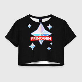 Женская футболка Crop-top 3D с принтом PRIMOGEM в Новосибирске, 100% полиэстер | круглая горловина, длина футболки до линии талии, рукава с отворотами | genshin | genshin impact | legendary | primogem | roll | геншин | геншин импакт | молитва | примогем | хочу верить