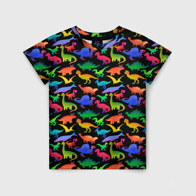 Детская футболка 3D с принтом Яркие динозавры в Новосибирске, 100% гипоаллергенный полиэфир | прямой крой, круглый вырез горловины, длина до линии бедер, чуть спущенное плечо, ткань немного тянется | дино | динозавры | диносы | разноцветные | хищные | цветные | юрский период
