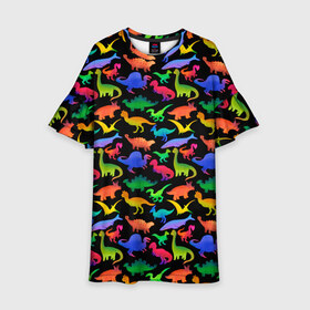 Детское платье 3D с принтом Яркие динозавры в Новосибирске, 100% полиэстер | прямой силуэт, чуть расширенный к низу. Круглая горловина, на рукавах — воланы | Тематика изображения на принте: дино | динозавры | диносы | разноцветные | хищные | цветные | юрский период