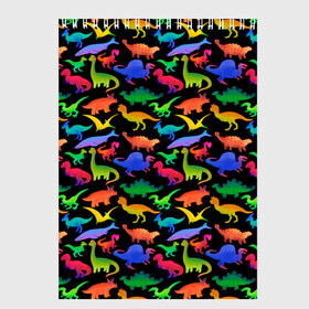 Скетчбук с принтом Яркие динозавры в Новосибирске, 100% бумага
 | 48 листов, плотность листов — 100 г/м2, плотность картонной обложки — 250 г/м2. Листы скреплены сверху удобной пружинной спиралью | дино | динозавры | диносы | разноцветные | хищные | цветные | юрский период