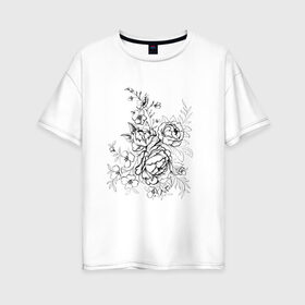Женская футболка хлопок Oversize с принтом Графика тату в Новосибирске, 100% хлопок | свободный крой, круглый ворот, спущенный рукав, длина до линии бедер
 | монохром | пион | розы | татуировка | цветы