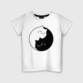 Детская футболка хлопок с принтом Yin and Yang cats в Новосибирске, 100% хлопок | круглый вырез горловины, полуприлегающий силуэт, длина до линии бедер | anime | cat | cats | kitten | love | philosophy | yang | yin | yoga | аниме | инь | йога | кот | котенок | котик | котики | коты | любовь | противоположность | сердце | философия | ян