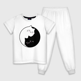 Детская пижама хлопок с принтом Yin and Yang cats в Новосибирске, 100% хлопок |  брюки и футболка прямого кроя, без карманов, на брюках мягкая резинка на поясе и по низу штанин
 | Тематика изображения на принте: anime | cat | cats | kitten | love | philosophy | yang | yin | yoga | аниме | инь | йога | кот | котенок | котик | котики | коты | любовь | противоположность | сердце | философия | ян