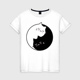 Женская футболка хлопок с принтом Yin and Yang cats в Новосибирске, 100% хлопок | прямой крой, круглый вырез горловины, длина до линии бедер, слегка спущенное плечо | anime | cat | cats | kitten | love | philosophy | yang | yin | yoga | аниме | инь | йога | кот | котенок | котик | котики | коты | любовь | противоположность | сердце | философия | ян