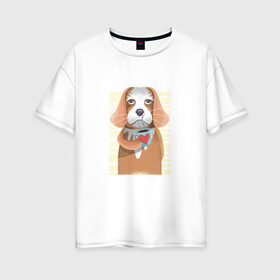 Женская футболка хлопок Oversize с принтом Собака с кофе в Новосибирске, 100% хлопок | свободный крой, круглый ворот, спущенный рукав, длина до линии бедер
 | animal | coffee | dog | pet | животные | кофе | любовь | напиток | пёс | сердце | собака