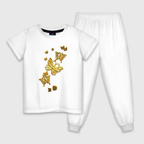 Детская пижама хлопок с принтом Золотистые бабочки в Новосибирске, 100% хлопок |  брюки и футболка прямого кроя, без карманов, на брюках мягкая резинка на поясе и по низу штанин
 | Тематика изображения на принте: 8 марта | butterfly | fashion | flowers | fly | girl | gold | golden | wings | бабочки | весна | девочкам | девушкам | золотые | золотые бабочки | крылья | летающие | летние | лето | металлические | насекомые | подарок | природа