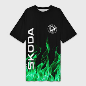 Платье-футболка 3D с принтом SKODA в Новосибирске,  |  | auto | fire | green | logo | skoda | vag | авто | ваг | водителям | зеленый | логотип | машины | огонь | шкода