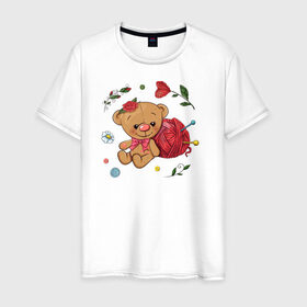 Мужская футболка хлопок с принтом Мишка в Новосибирске, 100% хлопок | прямой крой, круглый вырез горловины, длина до линии бедер, слегка спущенное плечо. | вязание | игрушка | клубок ниток | любовь | медведь