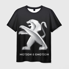 Мужская футболка 3D с принтом Motion & Emotion в Новосибирске, 100% полиэфир | прямой крой, круглый вырез горловины, длина до линии бедер | Тематика изображения на принте: auto | emotion | motion | peugeot | sport | авто | лого | логотип | пежо | пижо | спорт