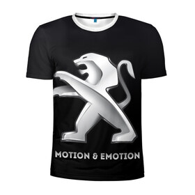 Мужская футболка 3D спортивная с принтом Motion & Emotion в Новосибирске, 100% полиэстер с улучшенными характеристиками | приталенный силуэт, круглая горловина, широкие плечи, сужается к линии бедра | Тематика изображения на принте: auto | emotion | motion | peugeot | sport | авто | лого | логотип | пежо | пижо | спорт