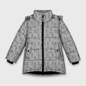 Зимняя куртка для девочек 3D с принтом шахматы в Новосибирске, ткань верха — 100% полиэстер; подклад — 100% полиэстер, утеплитель — 100% полиэстер. | длина ниже бедра, удлиненная спинка, воротник стойка и отстегивающийся капюшон. Есть боковые карманы с листочкой на кнопках, утяжки по низу изделия и внутренний карман на молнии. 

Предусмотрены светоотражающий принт на спинке, радужный светоотражающий элемент на пуллере молнии и на резинке для утяжки. | Тематика изображения на принте: bishop | chess pieces | game | king | knight | pattern | pawn | queen | rook | sport | texture | король | ладья | паттерн | пешка | текстура | ферзь | шахматные фигуры