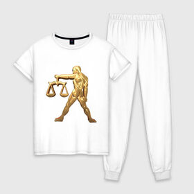 Женская пижама хлопок с принтом Весы в Новосибирске, 100% хлопок | брюки и футболка прямого кроя, без карманов, на брюках мягкая резинка на поясе и по низу штанин | libra | zodiac signs | весы | знаки зодиака | золотой рисунок