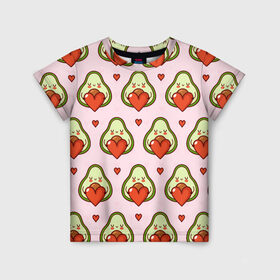 Детская футболка 3D с принтом Love Avocado в Новосибирске, 100% гипоаллергенный полиэфир | прямой крой, круглый вырез горловины, длина до линии бедер, чуть спущенное плечо, ткань немного тянется | 14 февраля | love | авокадо | вкусняшка | день святого валентина | еда | любовь | паттерн | сердечко
