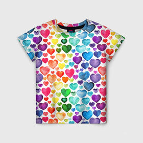 Детская футболка 3D с принтом Радужные сердечки в Новосибирске, 100% гипоаллергенный полиэфир | прямой крой, круглый вырез горловины, длина до линии бедер, чуть спущенное плечо, ткань немного тянется | 8 марта | love | девочки | женская | любовь | подружке | сердечки