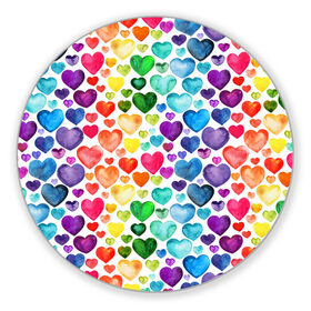Коврик для мышки круглый с принтом Радужные сердечки в Новосибирске, резина и полиэстер | круглая форма, изображение наносится на всю лицевую часть | 8 марта | love | девочки | женская | любовь | подружке | сердечки