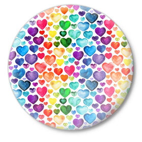 Значок с принтом Радужные сердечки в Новосибирске,  металл | круглая форма, металлическая застежка в виде булавки | Тематика изображения на принте: 8 марта | love | девочки | женская | любовь | подружке | сердечки