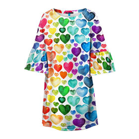 Детское платье 3D с принтом Радужные сердечки в Новосибирске, 100% полиэстер | прямой силуэт, чуть расширенный к низу. Круглая горловина, на рукавах — воланы | 8 марта | love | девочки | женская | любовь | подружке | сердечки