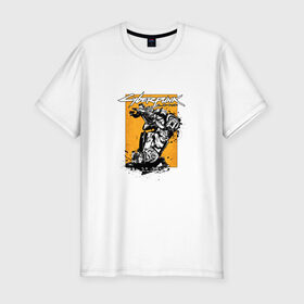 Мужская футболка хлопок Slim с принтом Cyberpunk 2077 в Новосибирске, 92% хлопок, 8% лайкра | приталенный силуэт, круглый вырез ворота, длина до линии бедра, короткий рукав | cyberpunk 2077 | игра | киберпанк 2077 | мотоцикл | оружие | персонаж