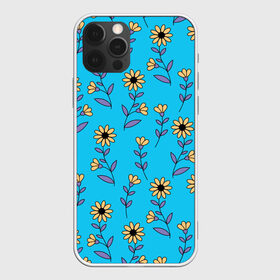 Чехол для iPhone 12 Pro Max с принтом Желтые цветы на голубом фоне в Новосибирске, Силикон |  | Тематика изображения на принте: 8 марта | flowers | summer | ботаническая иллюстрация | весна | желтый | лето | любовь | подсолнухи | праздник | принт | природа | растения | фиолетовый | цветы