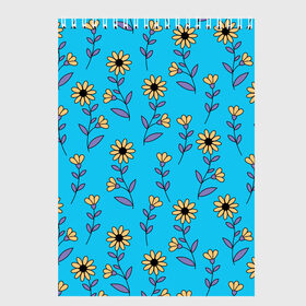 Скетчбук с принтом Желтые цветы на голубом фоне в Новосибирске, 100% бумага
 | 48 листов, плотность листов — 100 г/м2, плотность картонной обложки — 250 г/м2. Листы скреплены сверху удобной пружинной спиралью | 8 марта | flowers | summer | ботаническая иллюстрация | весна | желтый | лето | любовь | подсолнухи | праздник | принт | природа | растения | фиолетовый | цветы